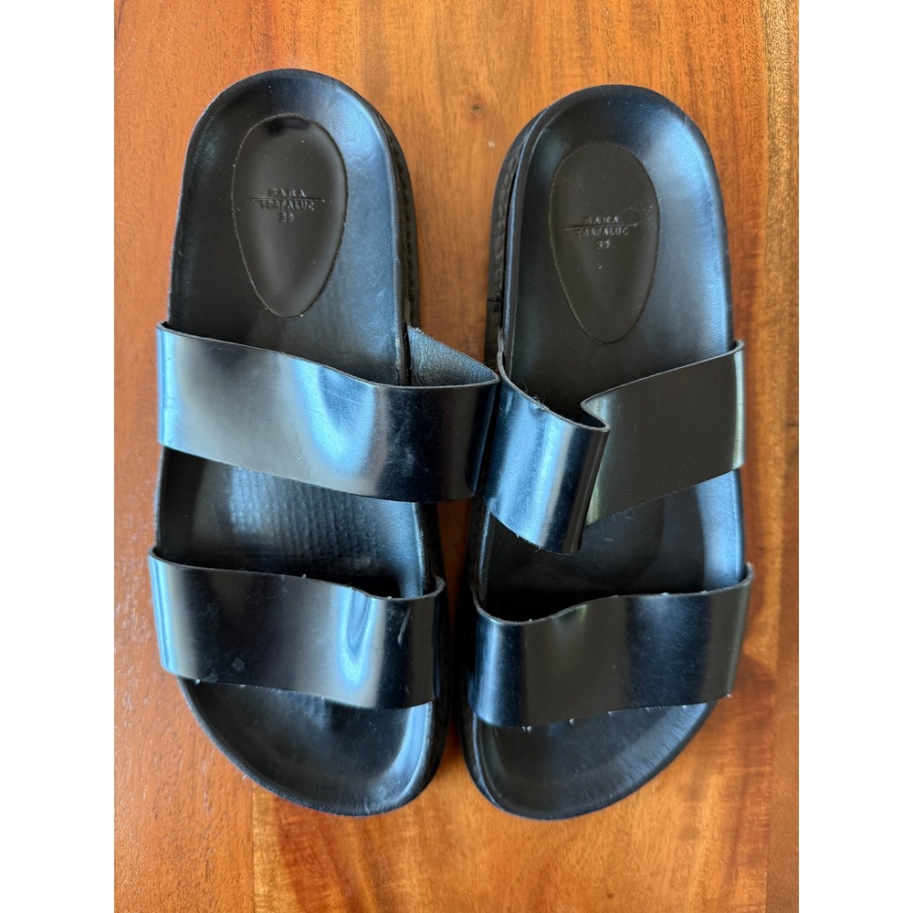 Zara Thick Black Strap Slip on Sandal Size 39 Women's 8-8.5
